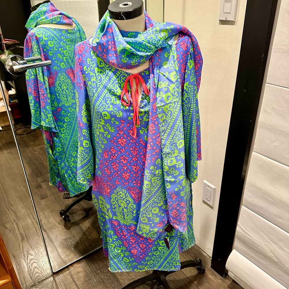 NWT Hale Bob Silk Print Tunic Dress Kaftan Style M
